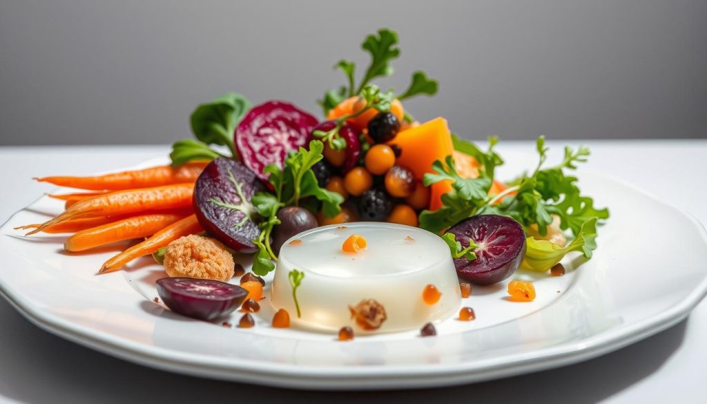 A boldly experimental dessert, showcasing a harmonious fusion of unexpected flavors. In the foreground, an artful arrangement of vibrant vegetables - carrots, beets, and leafy greens - meticulously plated to create a visually striking composition. The middle ground features a delicate, translucent gelatin-based dish, infused with surprising savory elements that challenge conventional dessert tropes. Soft lighting from above casts gentle shadows, accentuating the textures and hues of the ingredients. The background is a minimalist setting, allowing the dish to take center stage and captivate the senses. An atmosphere of culinary adventure and gastronomic innovation pervades the scene, inviting the viewer to experience a delightful subversion of expectations. A boldly experimental dessert, showcasing a harmonious fusion of unexpected flavors. In the foreground, an artful arrangement of vibrant vegetables - carrots, beets, and leafy greens - meticulously plated to create a visually striking composition. The middle ground features a delicate, translucent gelatin-based dish, infused with surprising savory elements that challenge conventional dessert tropes. Soft lighting from above casts gentle shadows, accentuating the textures and hues of the ingredients. The background is a minimalist setting, allowing the dish to take center stage and captivate the senses. An atmosphere of culinary adventure and gastronomic innovation pervades the scene, inviting the viewer to experience a delightful subversion of expectations.