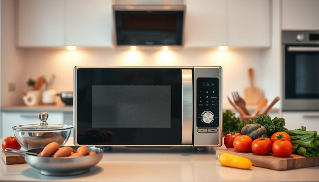 A brightly lit kitchen counter, centered in the frame, showcases a modern microwave oven in the foreground. Beside it, various cooking utensils and ingredients are neatly arranged, including a steaming bowl, a cutting board, and an assortment of fresh vegetables. The countertop is made of a sleek, light-colored material, reflecting the warm, soft lighting from above. In the background, a hint of a tidy, minimalist kitchen interior is visible, creating a sense of cohesion and functionality. The overall composition conveys a clean, efficient, and straightforward approach to microwave cooking, perfectly aligning with the section title "La méthode de cuisson au micro-ondes en un coup d'œil".