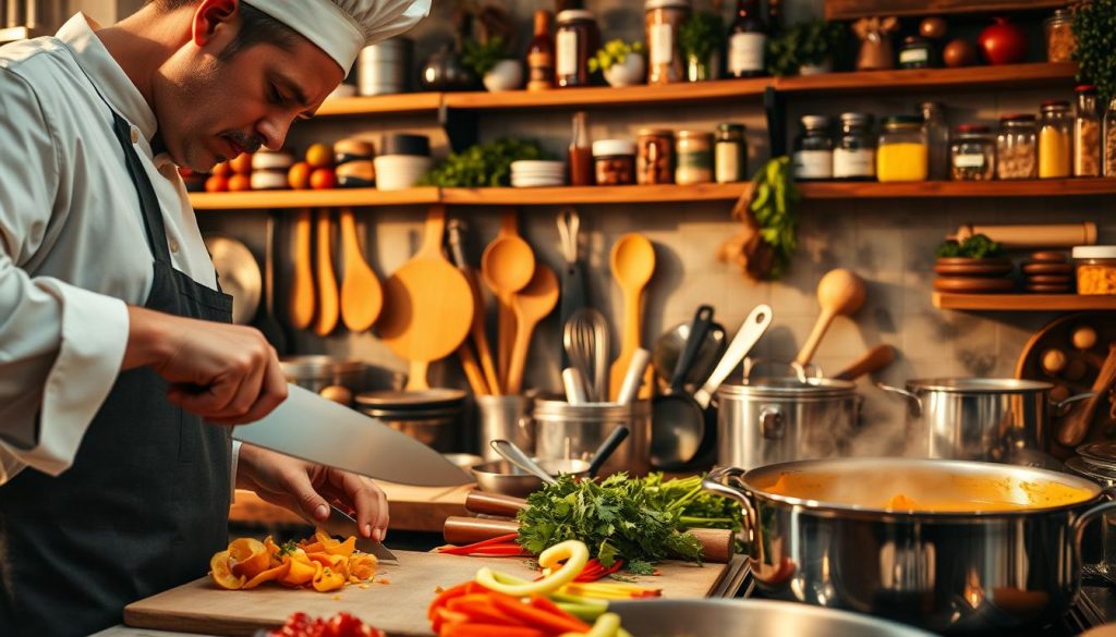 A bustling kitchen filled with culinary tools and ingredients, showcasing the versatility of the word "que" in French cuisine. In the foreground, a chef skillfully wields a sharp knife, dicing vegetables with precision. The middle ground features a variety of cooking utensils, including a whisk, a ladle, and a saucepan simmering with a fragrant stew. The background is adorned with shelves brimming with spices, herbs, and other culinary staples, casting warm, golden light across the scene. The overall atmosphere is one of creativity, expertise, and the joy of culinary exploration, capturing the essence of the "Applications et exemples dans le langage culinaire" section. A bustling kitchen filled with culinary tools and ingredients, showcasing the versatility of the word "que" in French cuisine. In the foreground, a chef skillfully wields a sharp knife, dicing vegetables with precision. The middle ground features a variety of cooking utensils, including a whisk, a ladle, and a saucepan simmering with a fragrant stew. The background is adorned with shelves brimming with spices, herbs, and other culinary staples, casting warm, golden light across the scene. The overall atmosphere is one of creativity, expertise, and the joy of culinary exploration, capturing the essence of the "Applications et exemples dans le langage culinaire" section.