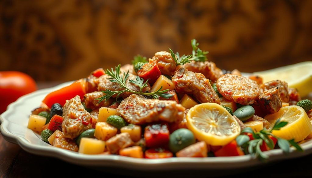 A classic French dish set against a warm, rustic background. An intricate arrangement of various ingredients - tender meat, fresh vegetables, aromatic herbs - carefully assembled to create a harmonious blend of flavors. The lighting is soft and diffused, accentuating the natural colors and textures of the dish. The camera angle captures the dish from a slightly elevated perspective, showcasing its depth and layers. The overall mood is one of comfort, tradition, and a reverence for the culinary heritage of France.