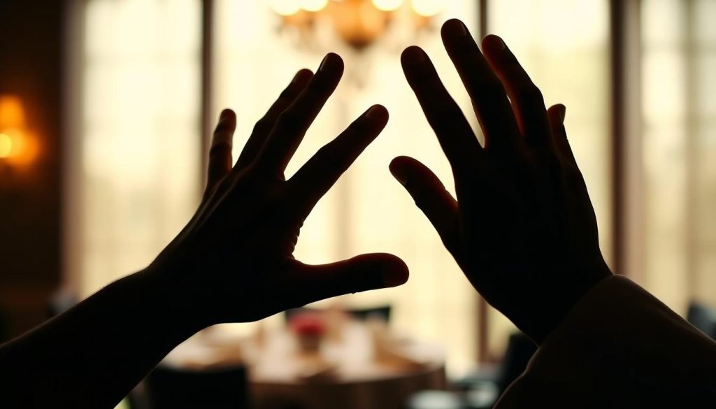 A close-up of two hands gesturing expressively against a blurred, softly-lit background, symbolizing the impact of communication among renowned chefs. The hands are in sharp focus, fingers emphasized, conveying the weight and power of words in culinary leadership. The lighting is dramatic, casting dramatic shadows and highlights to evoke a sense of thoughtfulness and introspection. The background is hazy, perhaps an elegant restaurant interior or kitchen, allowing the hands to be the central focus. The overall mood is one of contemplation, highlighting the importance of language and dialogue in the elite chef community. A close-up of two hands gesturing expressively against a blurred, softly-lit background, symbolizing the impact of communication among renowned chefs. The hands are in sharp focus, fingers emphasized, conveying the weight and power of words in culinary leadership. The lighting is dramatic, casting dramatic shadows and highlights to evoke a sense of thoughtfulness and introspection. The background is hazy, perhaps an elegant restaurant interior or kitchen, allowing the hands to be the central focus. The overall mood is one of contemplation, highlighting the importance of language and dialogue in the elite chef community.