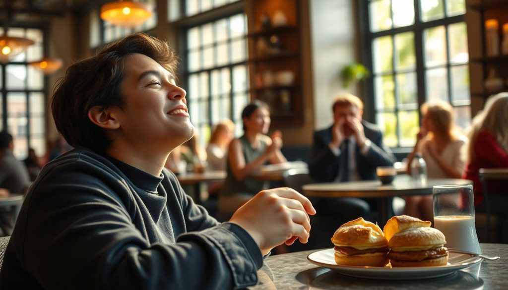 A cozy café interior, sunlight filtering through large windows, casting a warm glow on a table set with a delectable afternoon snack. In the foreground, a person sits, eyes closed, savoring each bite of a luxurious pastry, lost in the pure bliss of the experience. The middle ground features other patrons engaged in lively conversation, gesturing expressively as they discuss their own culinary adventures. In the background, the café's charming decor and bustling atmosphere create a sense of community and indulgence. Soft, diffused lighting and a shallow depth of field emphasize the sensory focus on the tasting experience. A cozy café interior, sunlight filtering through large windows, casting a warm glow on a table set with a delectable afternoon snack. In the foreground, a person sits, eyes closed, savoring each bite of a luxurious pastry, lost in the pure bliss of the experience. The middle ground features other patrons engaged in lively conversation, gesturing expressively as they discuss their own culinary adventures. In the background, the café's charming decor and bustling atmosphere create a sense of community and indulgence. Soft, diffused lighting and a shallow depth of field emphasize the sensory focus on the tasting experience.