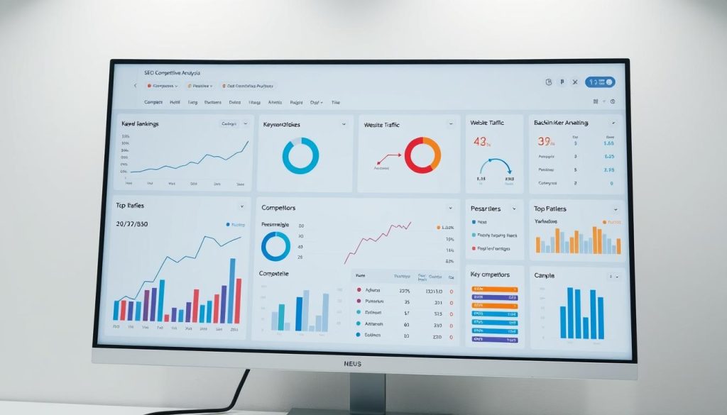 A detailed, data-driven SEO competitive analysis dashboard displayed on a large high-resolution computer monitor. The dashboard features interactive charts, graphs, and visualizations that provide deep insights into keyword rankings, website traffic, backlink profiles, and other key performance metrics for the business and its top competitors. The dashboard is presented in a clean, modern, and easy-to-understand layout with a neutral color palette that enhances readability. Soft, even lighting illuminates the scene, creating a professional and analytical atmosphere. The overall impression is one of a comprehensive, well-researched approach to understanding the competitive SEO landscape. A detailed, data-driven SEO competitive analysis dashboard displayed on a large high-resolution computer monitor. The dashboard features interactive charts, graphs, and visualizations that provide deep insights into keyword rankings, website traffic, backlink profiles, and other key performance metrics for the business and its top competitors. The dashboard is presented in a clean, modern, and easy-to-understand layout with a neutral color palette that enhances readability. Soft, even lighting illuminates the scene, creating a professional and analytical atmosphere. The overall impression is one of a comprehensive, well-researched approach to understanding the competitive SEO landscape.