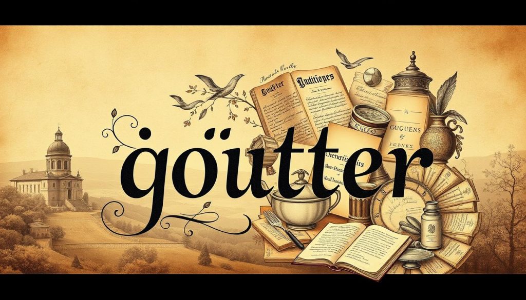 A detailed etymological illustration showcasing the origins and evolution of the French verb "goûter". In the foreground, a calligraphic representation of the word "goûter" in a vintage style, surrounded by decorative flourishes and intricate line work. In the middle ground, a montage of historical artifacts and documents related to the verb's linguistic history, such as old dictionaries, manuscripts, and ancient scripts. The background features a warm, sepia-toned landscape evoking a sense of timelessness, with architectural elements and natural motifs that complement the scholarly tone. Soft, diffused lighting casts a contemplative mood, and the overall composition is balanced, harmonious, and visually captivating. A detailed etymological illustration showcasing the origins and evolution of the French verb "goûter". In the foreground, a calligraphic representation of the word "goûter" in a vintage style, surrounded by decorative flourishes and intricate line work. In the middle ground, a montage of historical artifacts and documents related to the verb's linguistic history, such as old dictionaries, manuscripts, and ancient scripts. The background features a warm, sepia-toned landscape evoking a sense of timelessness, with architectural elements and natural motifs that complement the scholarly tone. Soft, diffused lighting casts a contemplative mood, and the overall composition is balanced, harmonious, and visually captivating.