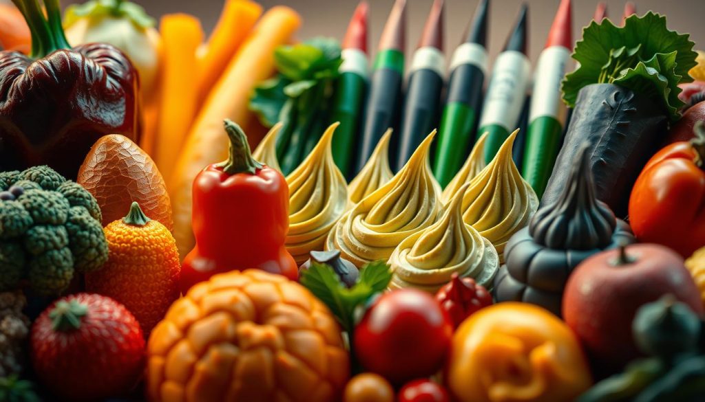 A dramatic close-up shot of various vibrant vegetables arranged in an intricate pâtisserie display. In the foreground, meticulously crafted vegetable sculptures, their textures and shapes echoing the culinary arts. The middle ground features neatly piped swirls of vegetable purees, their colors popping against a neutral background. Soft, warm lighting casts gentle shadows, highlighting the delicate details. A sense of artistry and culinary mastery permeates the scene, inviting the viewer to marvel at the creative techniques used to transform humble vegetables into a visually stunning dessert. A dramatic close-up shot of various vibrant vegetables arranged in an intricate pâtisserie display. In the foreground, meticulously crafted vegetable sculptures, their textures and shapes echoing the culinary arts. The middle ground features neatly piped swirls of vegetable purees, their colors popping against a neutral background. Soft, warm lighting casts gentle shadows, highlighting the delicate details. A sense of artistry and culinary mastery permeates the scene, inviting the viewer to marvel at the creative techniques used to transform humble vegetables into a visually stunning dessert.