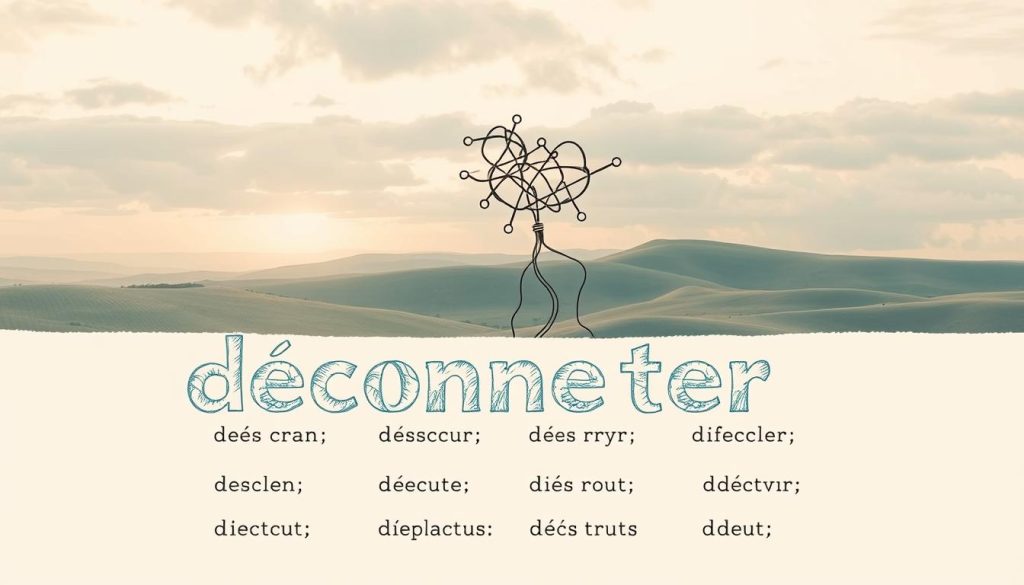 A hand-drawn illustration of the French verb "déconnecter" in its conjugated forms, rendered in a vintage, sketched style with a muted color palette. The foreground features the verb conjugations neatly arranged in a grid, with each form highlighted in a different shade of blue. The middle ground depicts a disjointed, fragmented internet network of wires and circuits, symbolizing the act of disconnecting. The background showcases a serene, minimalist landscape with rolling hills, a cloudy sky, and a warm, hazy light, evoking a sense of tranquility and self-reflection. A hand-drawn illustration of the French verb "déconnecter" in its conjugated forms, rendered in a vintage, sketched style with a muted color palette. The foreground features the verb conjugations neatly arranged in a grid, with each form highlighted in a different shade of blue. The middle ground depicts a disjointed, fragmented internet network of wires and circuits, symbolizing the act of disconnecting. The background showcases a serene, minimalist landscape with rolling hills, a cloudy sky, and a warm, hazy light, evoking a sense of tranquility and self-reflection.