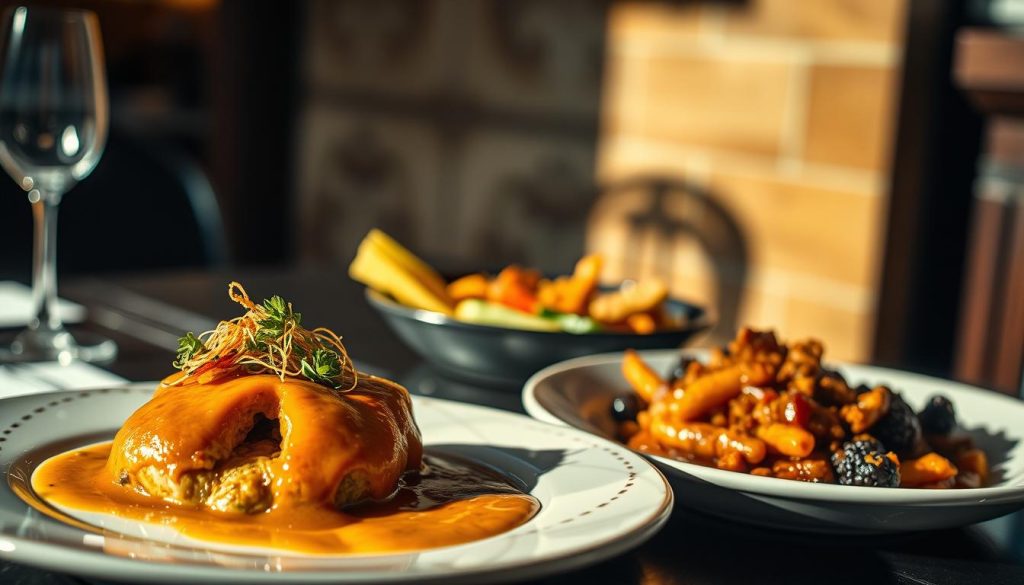 A high-contrast, cinematic comparison of luxury and everyday cuisine. In the foreground, a lavish, artfully plated dish with glistening sauces, delicate garnishes, and an opulent presentation. In the middle ground, a simple, hearty homestyle meal, with robust flavors and down-to-earth appeal. The background subtly shifts between these extremes, with hints of elegant tableware and rustic kitchenware. Dramatic lighting casts dramatic shadows, emphasizing the textures and contrasts. The scene evokes the tactile, sensorial experience of tasting, from the indulgent to the comforting. An exploration of taste, perception, and the subjective nature of culinary enjoyment. A high-contrast, cinematic comparison of luxury and everyday cuisine. In the foreground, a lavish, artfully plated dish with glistening sauces, delicate garnishes, and an opulent presentation. In the middle ground, a simple, hearty homestyle meal, with robust flavors and down-to-earth appeal. The background subtly shifts between these extremes, with hints of elegant tableware and rustic kitchenware. Dramatic lighting casts dramatic shadows, emphasizing the textures and contrasts. The scene evokes the tactile, sensorial experience of tasting, from the indulgent to the comforting. An exploration of taste, perception, and the subjective nature of culinary enjoyment.