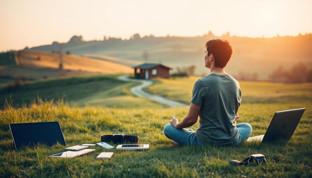 A serene countryside landscape, captured in a warm, golden hour glow. In the foreground, a person sits cross-legged on the grass, their eyes closed in meditative focus, disconnected from the digital world. Surrounding them, a variety of everyday objects symbolize modern life's distractions - a smartphone, a laptop, a smartwatch - all set aside, as if discarded. In the middle ground, a winding path leads to a small, rustic cabin, its simple architecture a contrast to the technological clutter. The background features rolling hills, dotted with trees, creating a sense of tranquility and retreat from the digital noise. The overall scene conveys a tranquil, contemplative mood, inviting the viewer to consider the benefits of disconnection. A serene countryside landscape, captured in a warm, golden hour glow. In the foreground, a person sits cross-legged on the grass, their eyes closed in meditative focus, disconnected from the digital world. Surrounding them, a variety of everyday objects symbolize modern life's distractions - a smartphone, a laptop, a smartwatch - all set aside, as if discarded. In the middle ground, a winding path leads to a small, rustic cabin, its simple architecture a contrast to the technological clutter. The background features rolling hills, dotted with trees, creating a sense of tranquility and retreat from the digital noise. The overall scene conveys a tranquil, contemplative mood, inviting the viewer to consider the benefits of disconnection.