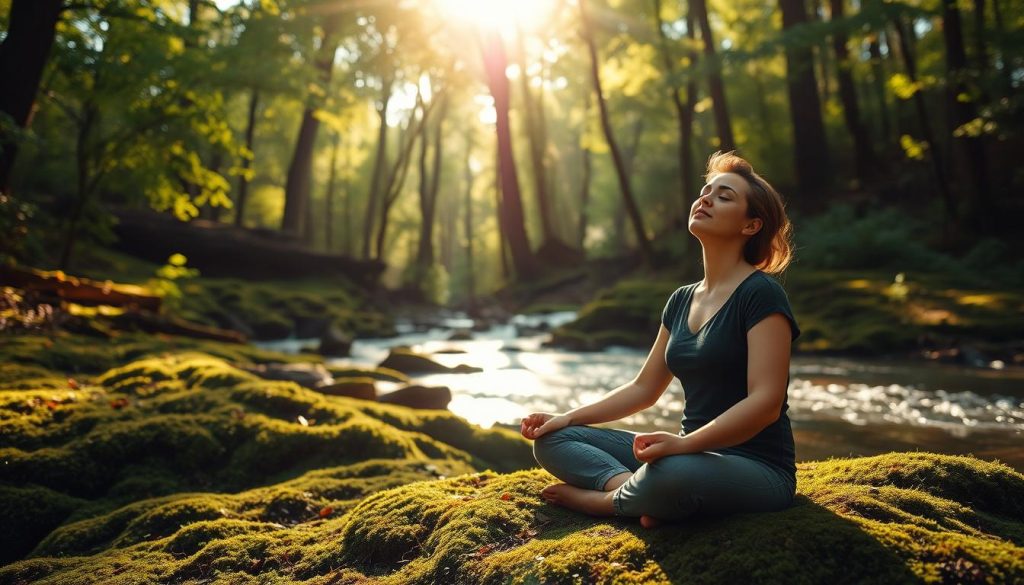 A serene forest glade, sunlight filtering through the lush canopy, casting a warm, golden glow. In the foreground, a person sits cross-legged on the mossy ground, eyes closed, their face radiating a sense of peace and tranquility. The background features a flowing stream, its gentle ripples reflecting the verdant surroundings. The atmosphere is one of calm and mindfulness, a visual representation of the benefits of digital disconnection and a return to nature. The composition emphasizes the harmony between the individual and the natural world, conveying the restorative power of unplugging from the digital realm. A serene forest glade, sunlight filtering through the lush canopy, casting a warm, golden glow. In the foreground, a person sits cross-legged on the mossy ground, eyes closed, their face radiating a sense of peace and tranquility. The background features a flowing stream, its gentle ripples reflecting the verdant surroundings. The atmosphere is one of calm and mindfulness, a visual representation of the benefits of digital disconnection and a return to nature. The composition emphasizes the harmony between the individual and the natural world, conveying the restorative power of unplugging from the digital realm.