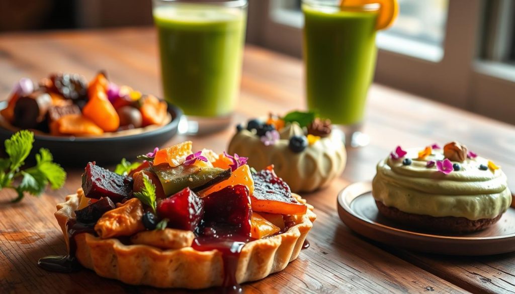 A vibrant and appetizing assortment of desserts featuring an array of colorful vegetables, presented on a rustic wooden table. In the foreground, a delicate vegetable tart with a flaky crust and a medley of roasted root vegetables, drizzled with a sweet, syrupy glaze. In the middle ground, a creamy avocado mousse dotted with candied beets and a scattering of edible flowers. In the background, a tall glass filled with a vibrant green smoothie, made with spinach, kale, and fresh fruit. The scene is bathed in warm, natural lighting, casting a golden glow and highlighting the textures and colors of the desserts. The overall mood is one of health, creativity, and the delightful fusion of sweet and savory flavors. A vibrant and appetizing assortment of desserts featuring an array of colorful vegetables, presented on a rustic wooden table. In the foreground, a delicate vegetable tart with a flaky crust and a medley of roasted root vegetables, drizzled with a sweet, syrupy glaze. In the middle ground, a creamy avocado mousse dotted with candied beets and a scattering of edible flowers. In the background, a tall glass filled with a vibrant green smoothie, made with spinach, kale, and fresh fruit. The scene is bathed in warm, natural lighting, casting a golden glow and highlighting the textures and colors of the desserts. The overall mood is one of health, creativity, and the delightful fusion of sweet and savory flavors.
