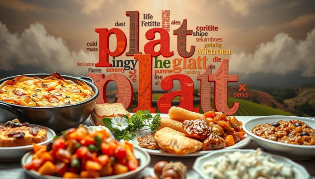 A vibrant and visually captivating illustration of the nuances and many facets of the French word "plat". In the foreground, a diverse array of classic French dishes - a rustic casserole, a delicate pastry, a hearty stew - each representing a unique interpretation of the term. In the middle ground, a kaleidoscope of typographic elements, with the word "plat" itself rendered in a variety of artistic styles, textures, and languages, highlighting its multifaceted nature. In the background, a dreamlike, ethereal landscape that evokes the rich culinary heritage and cultural significance of this ubiquitous French word. The lighting is soft and diffused, creating a warm and inviting atmosphere, while the composition is balanced and visually striking, drawing the viewer's eye to the conceptual heart of the image.
