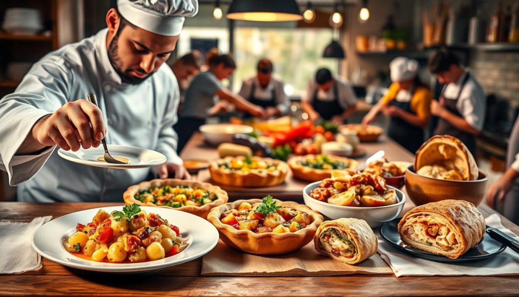 A vibrant tableau depicting the diverse usages of a classic French dish. In the foreground, a chef deftly plates the dish, showcasing its elegant presentation. The middle ground reveals an array of creative applications - the dish transformed into a savory tart, integrated into a hearty stew, and even reimagined as a decadent stuffed pastry. In the background, a bustling kitchen comes alive, with chefs experimenting and playfully exploring the dish's versatility. Soft, warm lighting casts a cozy glow, evoking the comforting familiarity of traditional French cuisine. The scene conveys a sense of culinary innovation and the endless possibilities for reinterpreting a beloved national favorite.