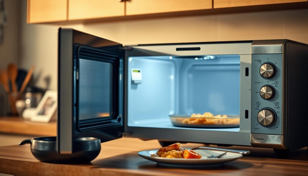 A well-lit kitchen counter with a modern microwave oven in the foreground, its door slightly ajar to reveal the limited interior space. On the counter, various kitchen utensils and a small portion of food, suggesting the limitations of microwave cooking. The background is blurred, creating a sense of focus on the microwave and its constraints. The lighting is warm and natural, casting soft shadows and highlighting the textures of the materials. The overall mood is one of contemplation, inviting the viewer to consider the pros and cons of relying solely on a microwave for meal preparation.