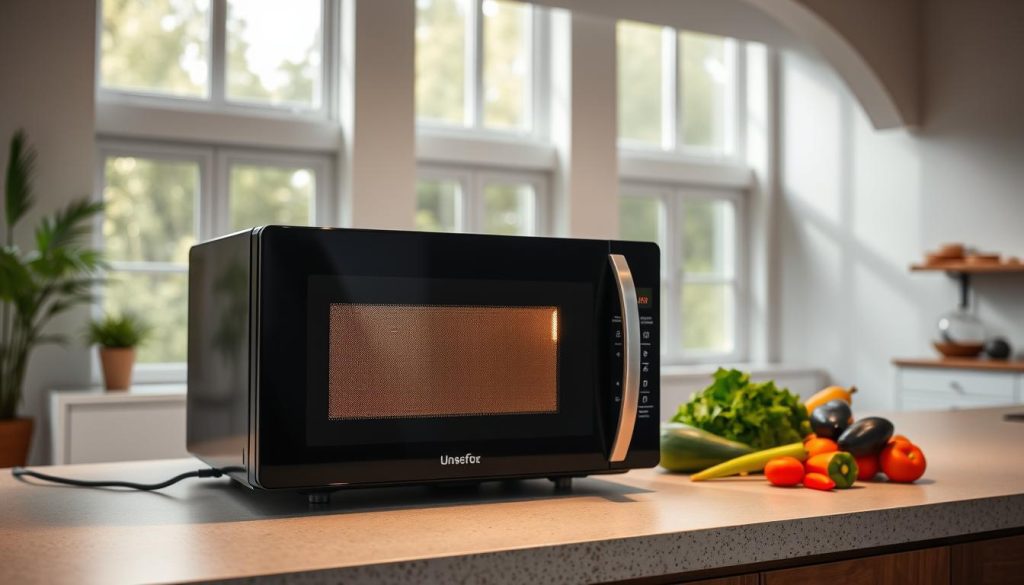A well-lit kitchen counter with a modern, sleek microwave oven in the foreground. The microwave is highlighted, casting a soft glow and showcasing its intuitive control panel. In the middle ground, various fresh, colorful ingredients are neatly arranged, suggesting the versatility of microwave cooking. The background features a minimalist, airy space with large windows, allowing natural light to fill the room and create a warm, inviting atmosphere. The overall composition emphasizes the convenience, efficiency, and advantages of using a microwave oven for meal preparation.